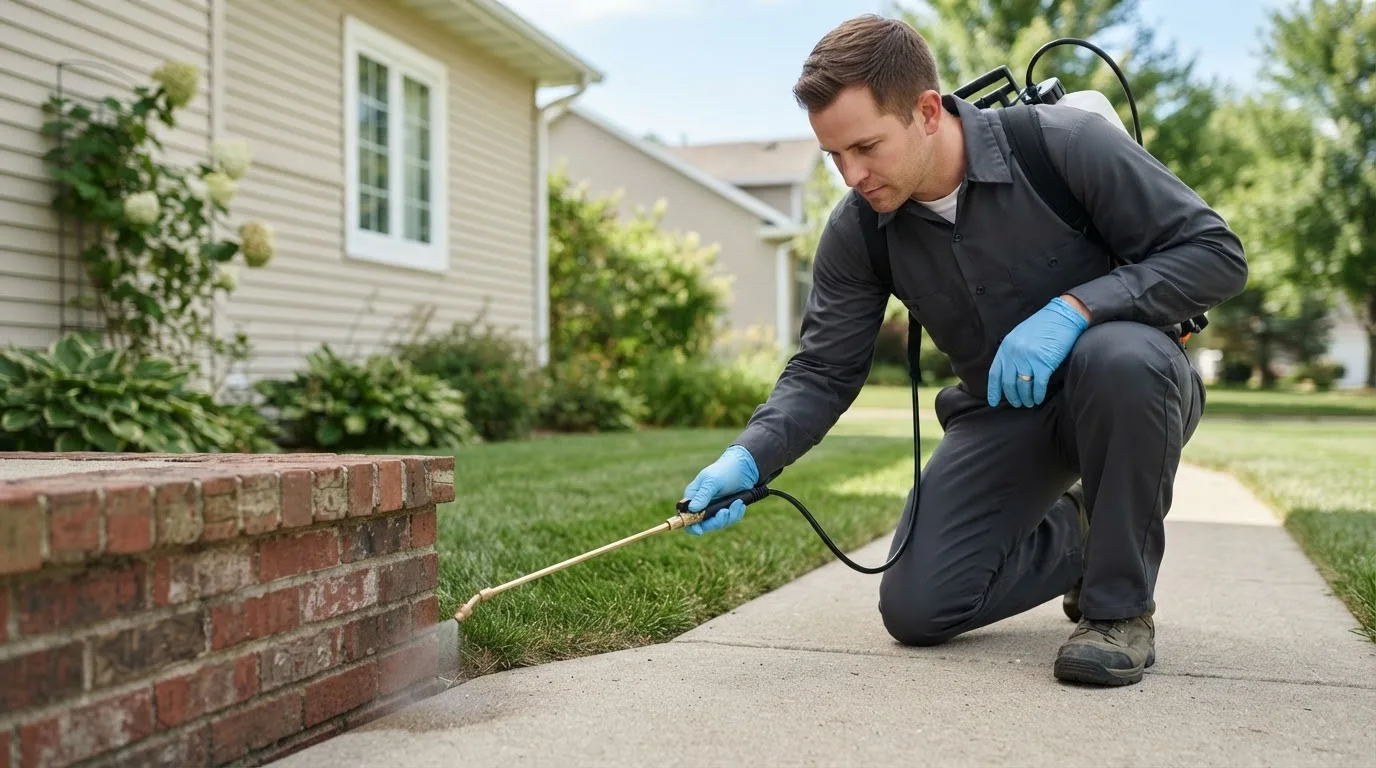 Pest control technician treating a home near Tremonton, UT